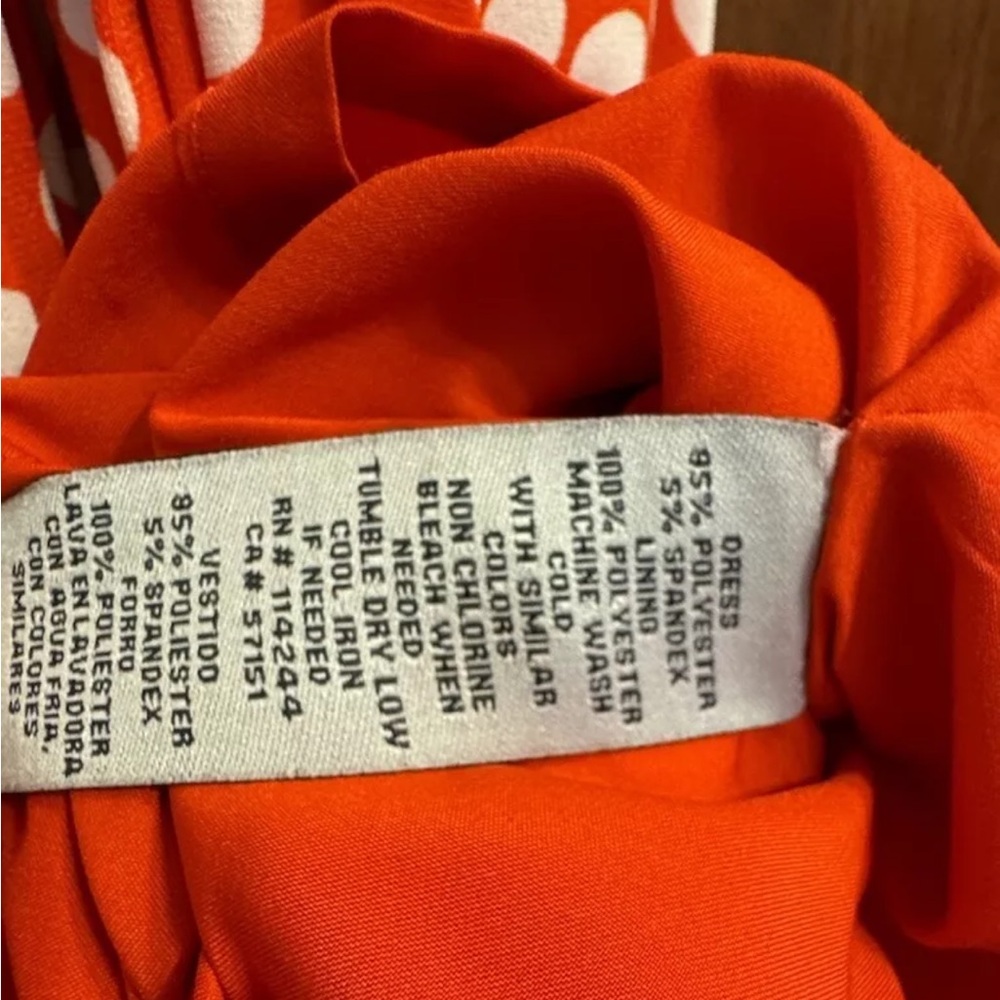 Eliza J faux wrap dress 6 orange white polka dot career office - Picture 9 of 9